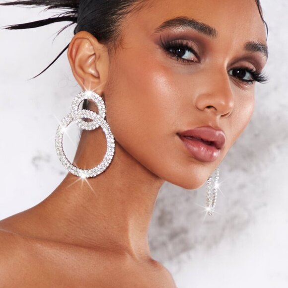 Silver Womens Rhinestone Circle Decor Stud Earrings - Picture 3 of 4